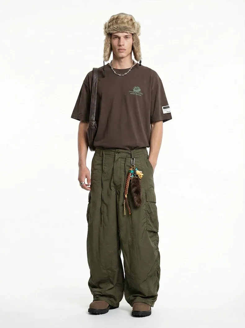 Fine Plaid Loose Cargo Wide-Leg Pants on model, image 5