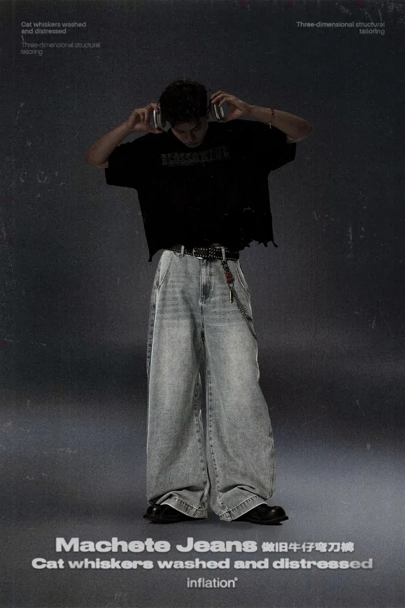 Washed Curved-Leg Denim Pants on model, image 1