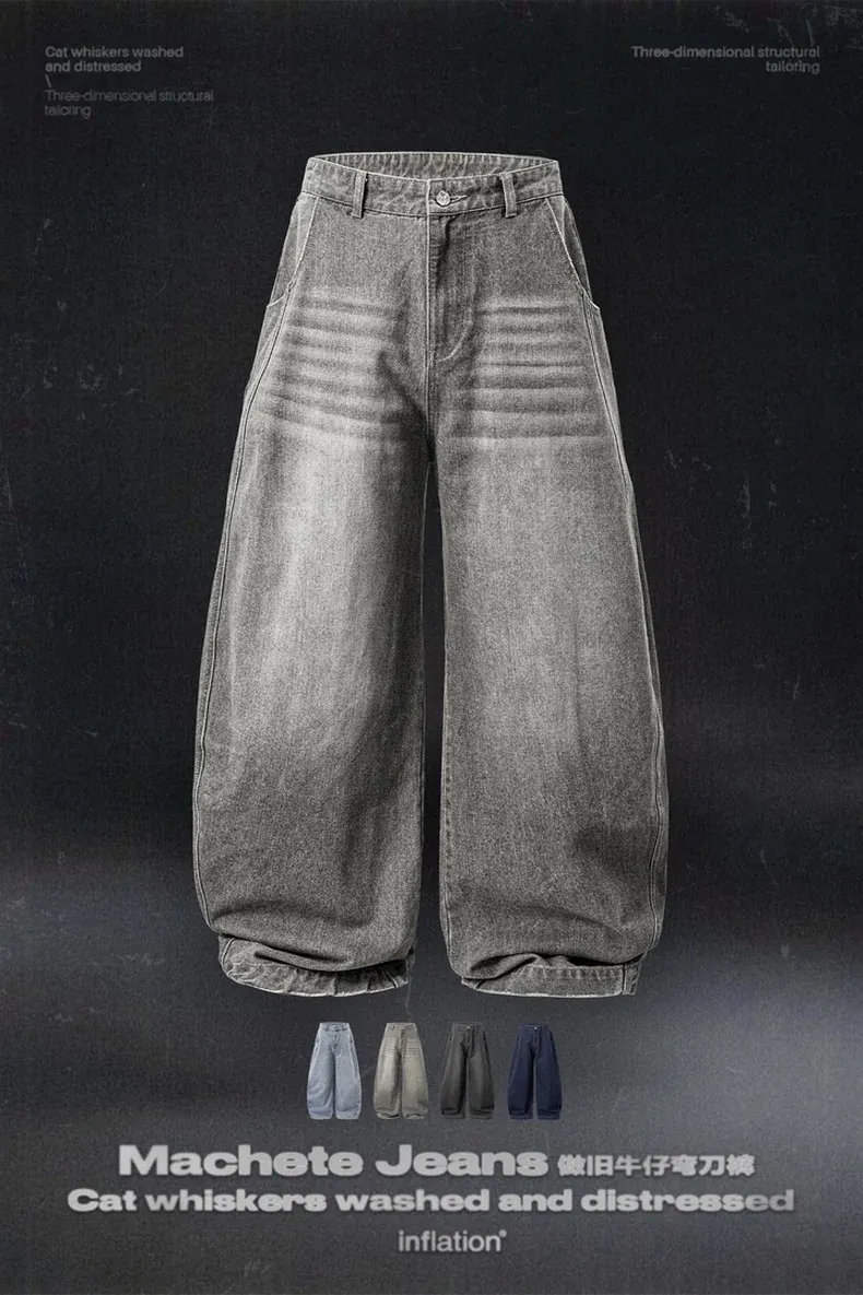 Washed Curved-Leg Denim Pants on model, image 2