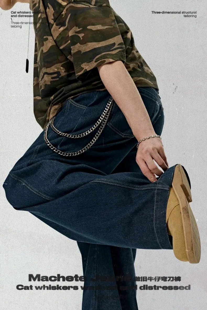 Washed Curved-Leg Denim Pants on model, image 3