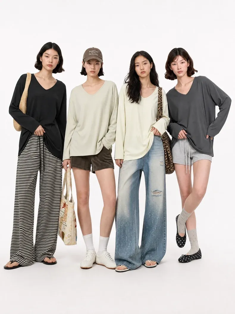 V-Neck Slit Long Sleeve T-Shirt on model, image 1