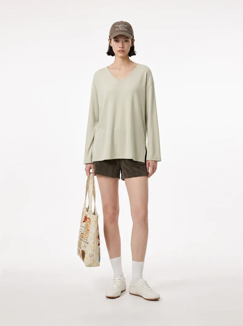 V-Neck Slit Long Sleeve T-Shirt on model, image 2