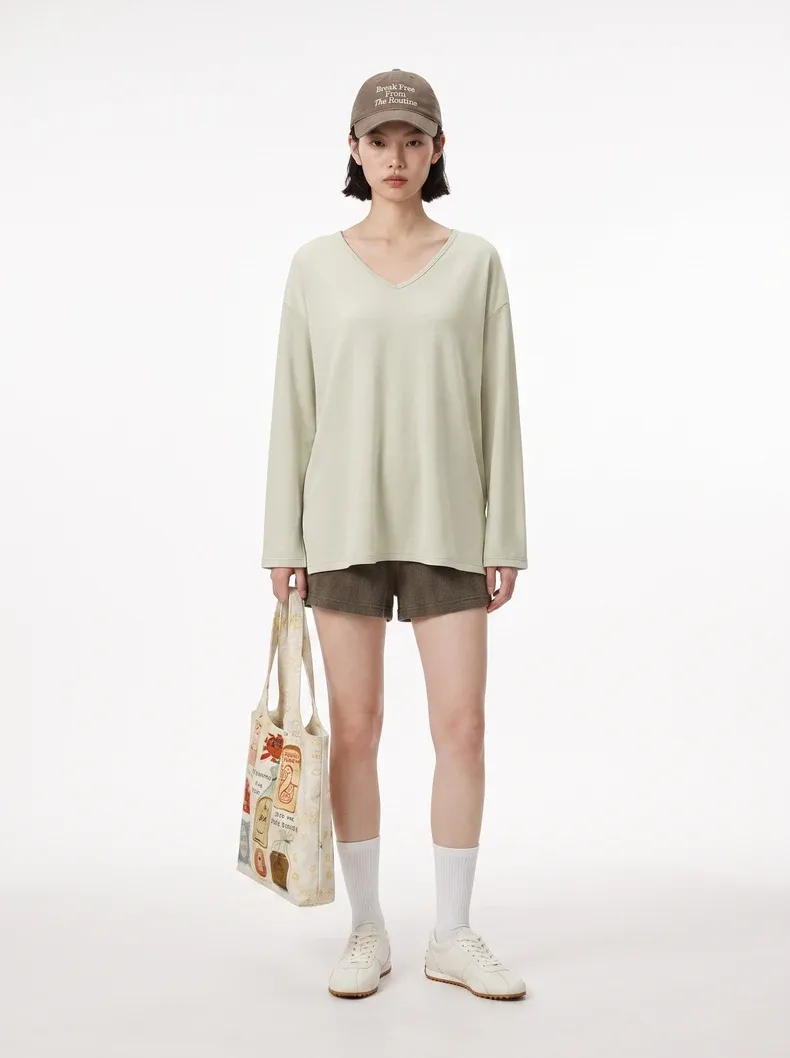V-Neck Slit Long Sleeve T-Shirt on model, image 3