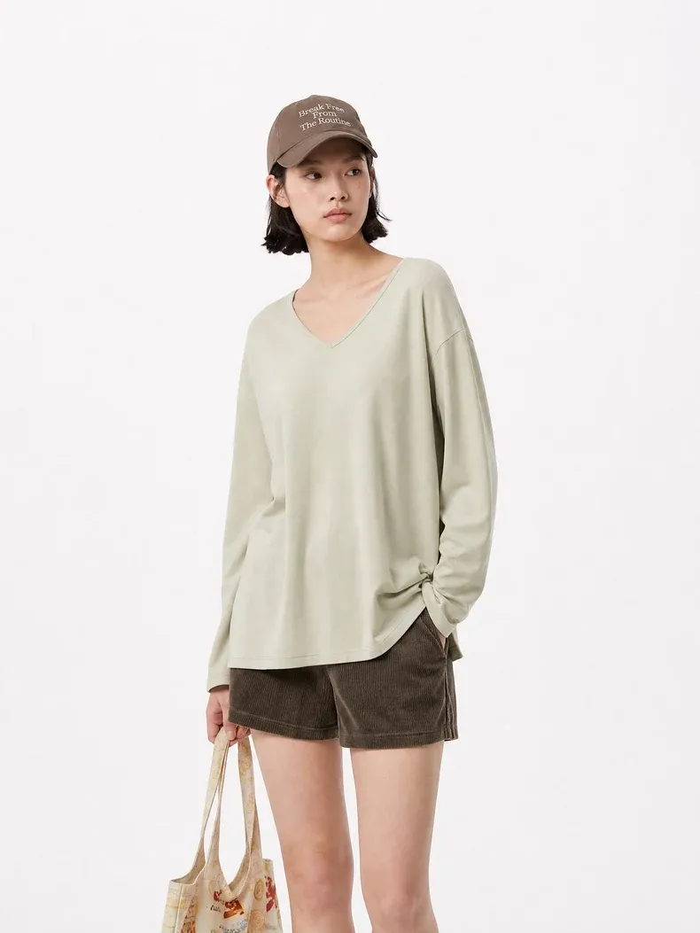 V-Neck Slit Long Sleeve T-Shirt on model, image 4