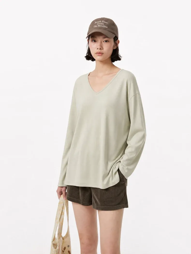 V-Neck Slit Long Sleeve T-Shirt on model, image 5